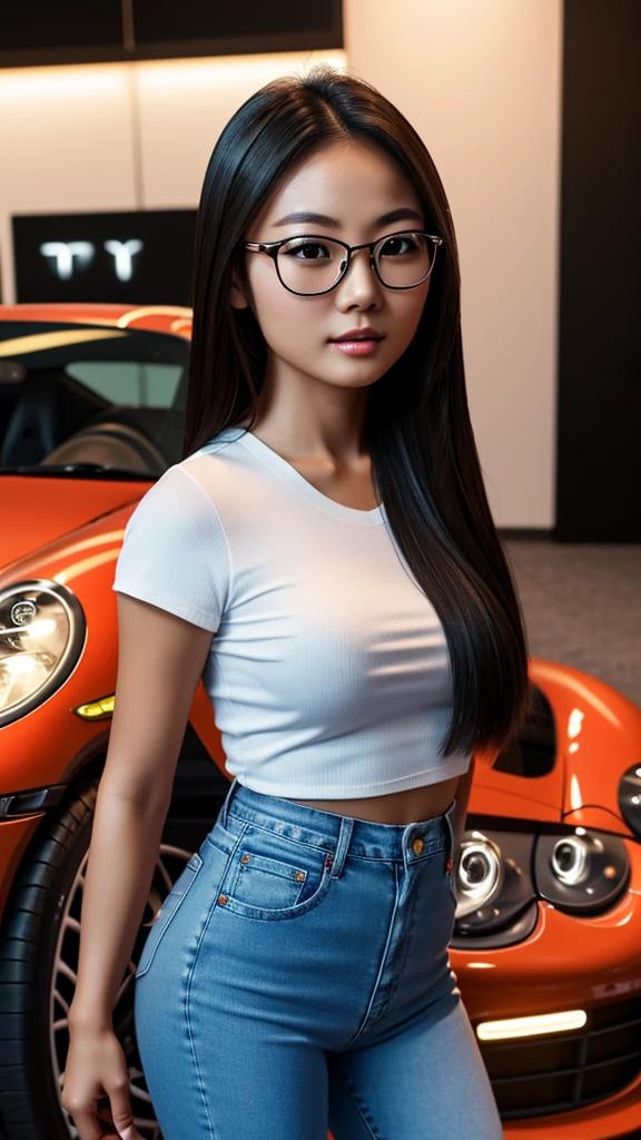realistic high quality photo of a cute tan Chinese girl wearing glasses, tight jeans, standing next to a Porsche 911 sports car, beautiful detailed eyes, beautiful detailed lips, extremely detailed face, long eyelashes, photorealistic, 8k, ultra-detailed, physically-based rendering, vivid colors, studio lighting, professional photography