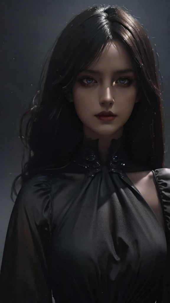 A dark-haired woman in a black dress, a mysterious shadow creature, detailed facial features, glowing eyes, surreal, dark fantasy, photorealistic, 8k, highly detailed, cinematic lighting, dramatic atmosphere, moody colors, deep shadows, intricate costume design, dramatic pose, emotional expression