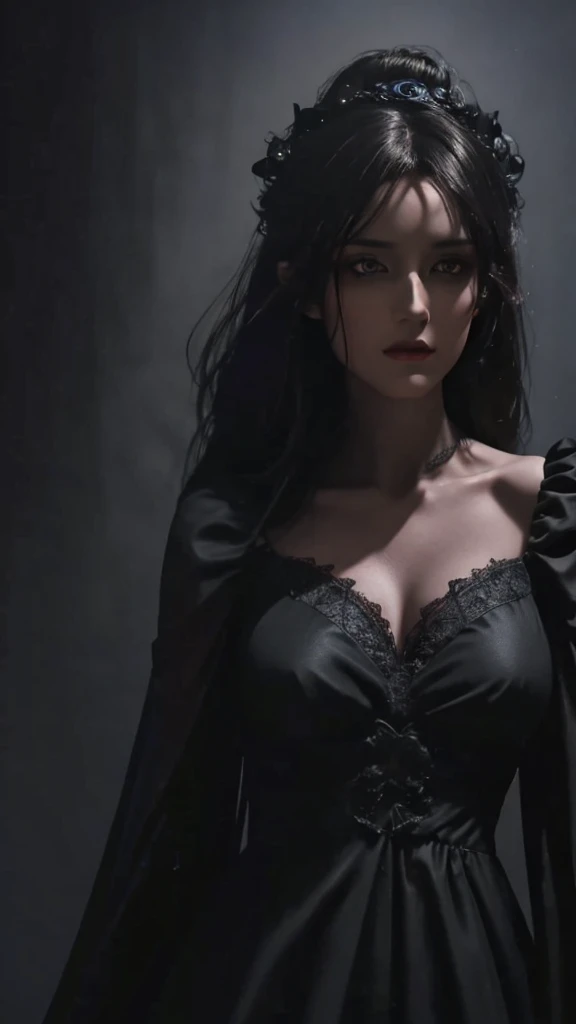 A dark-haired woman in a black dress, a mysterious shadow creature, detailed facial features, glowing eyes, surreal, dark fantasy, photorealistic, 8k, highly detailed, cinematic lighting, dramatic atmosphere, moody colors, deep shadows, intricate costume design, dramatic pose, emotional expression