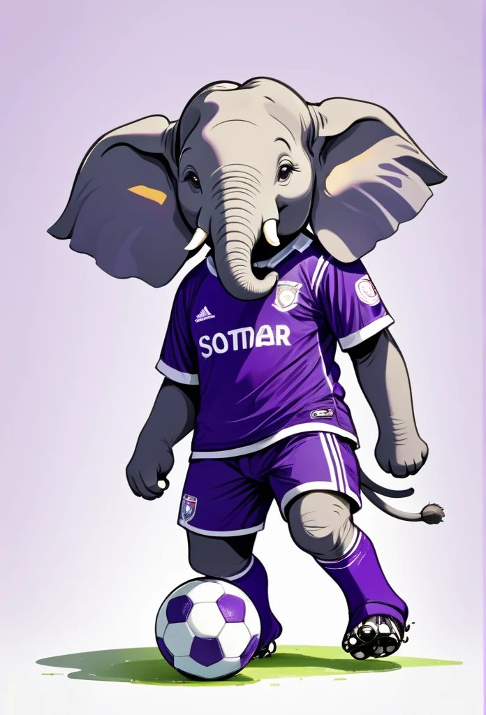 a soccer player elephant animal, draw illustration, purple football uniform, full body, white background