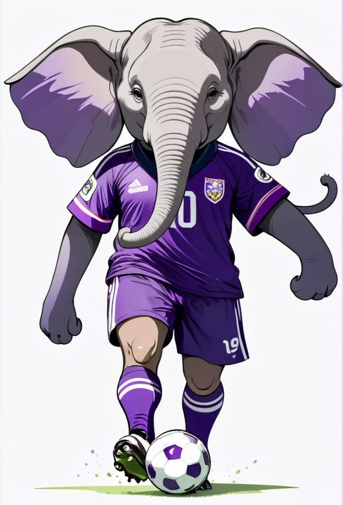 a soccer player elephant animal, draw illustration, purple football uniform, full body, white background