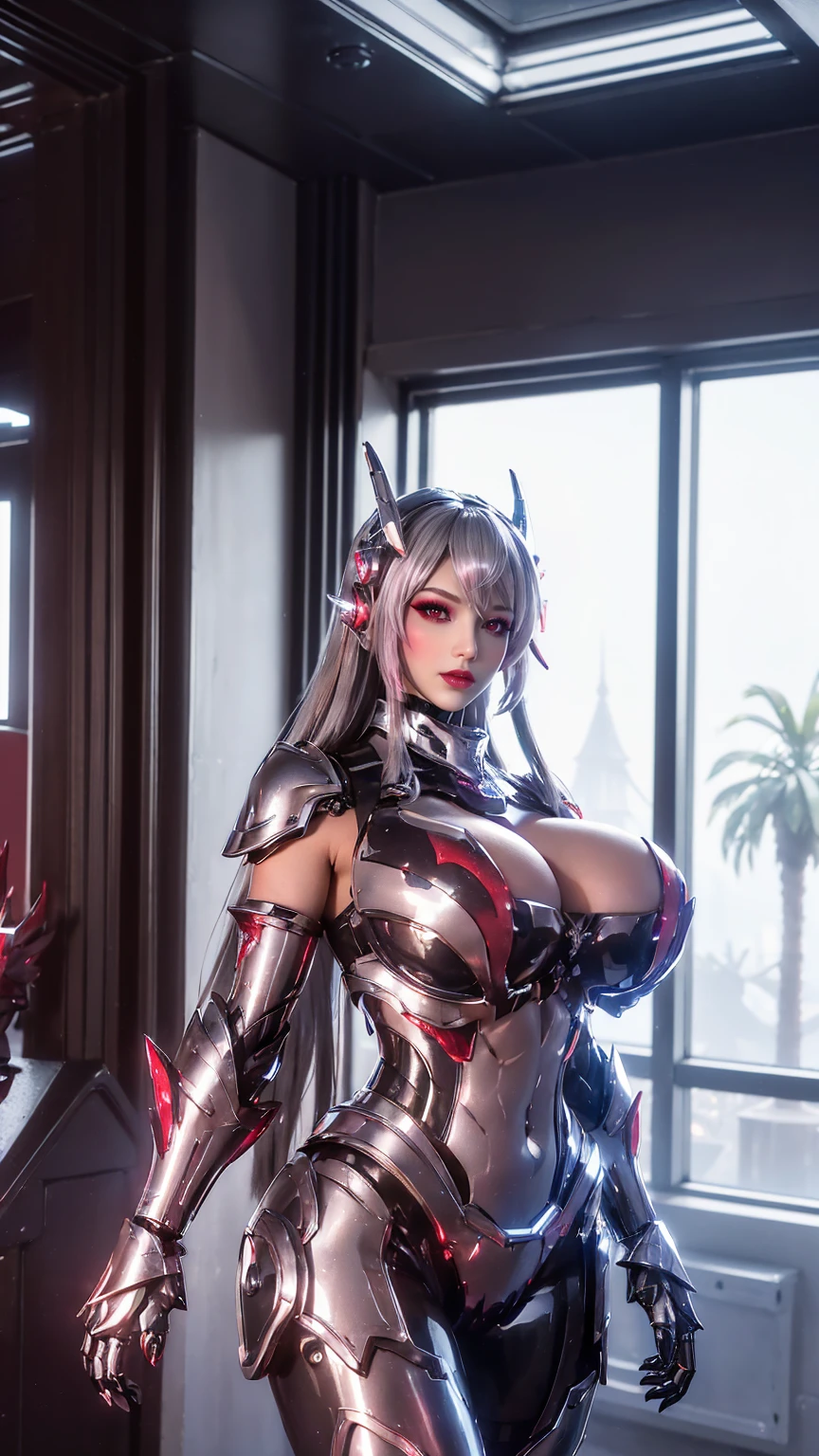 A BUSTY MILF, CLOSEUP UPPER BODY,SOLO, ((DRAGON MECHA HORN,DARK LONG HAIR)), (GIGANTIC FAKE BOOBIES,CLEAVAGE TOP,11 LINE ABS:1.5), ((WEARING OUTFIT SILVER, BLACK, CRIMSON RED DRAGON MECHA TRANSFORMERS SKIMPY ARMOR:1.5)), (MUSCULAR BODY SHAPE:1.5), (CLEAN GLOSSY BODYSKIN:1.5), (LOOKING AT VIEWER:1.6), (BACKGROUND FUTURISTIC SPACE STATION:1), (PHOTOREALSITIC:1.4), (ULTRA-DETAILLIERT), (TOP-QUALITY), (BEST SHADOWS), BRIGHT LIGHT IN ROOM, HYPER TEXTURE, (4X MSAA), ((UNREAL ENGINE 5 RENDER)), (NEON), PHYSICALLY-BASED RENDERING, ULTRA HIGHT DEFINITION, 16K, 1080P.