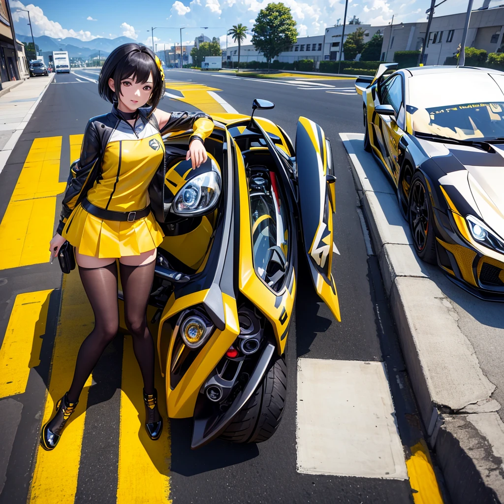 (Ultra hd), (full hd 8k regulations), (masterpiece), transformer ( bumblebee) with anime Girl combo, advance car, bumblebee transformation car and aslo motorcycle anime, illustration, 3d rendering, photo, ceramics
