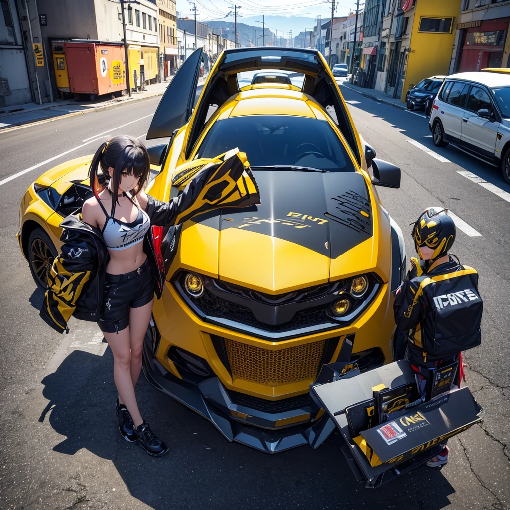 (Ultra hd), (full hd 8k regulations), (masterpiece), transformer ( bumblebee) with anime Girl combo, advance car, bumblebee transformation car and aslo motorcycle anime, illustration, 3d rendering, photo, ceramics