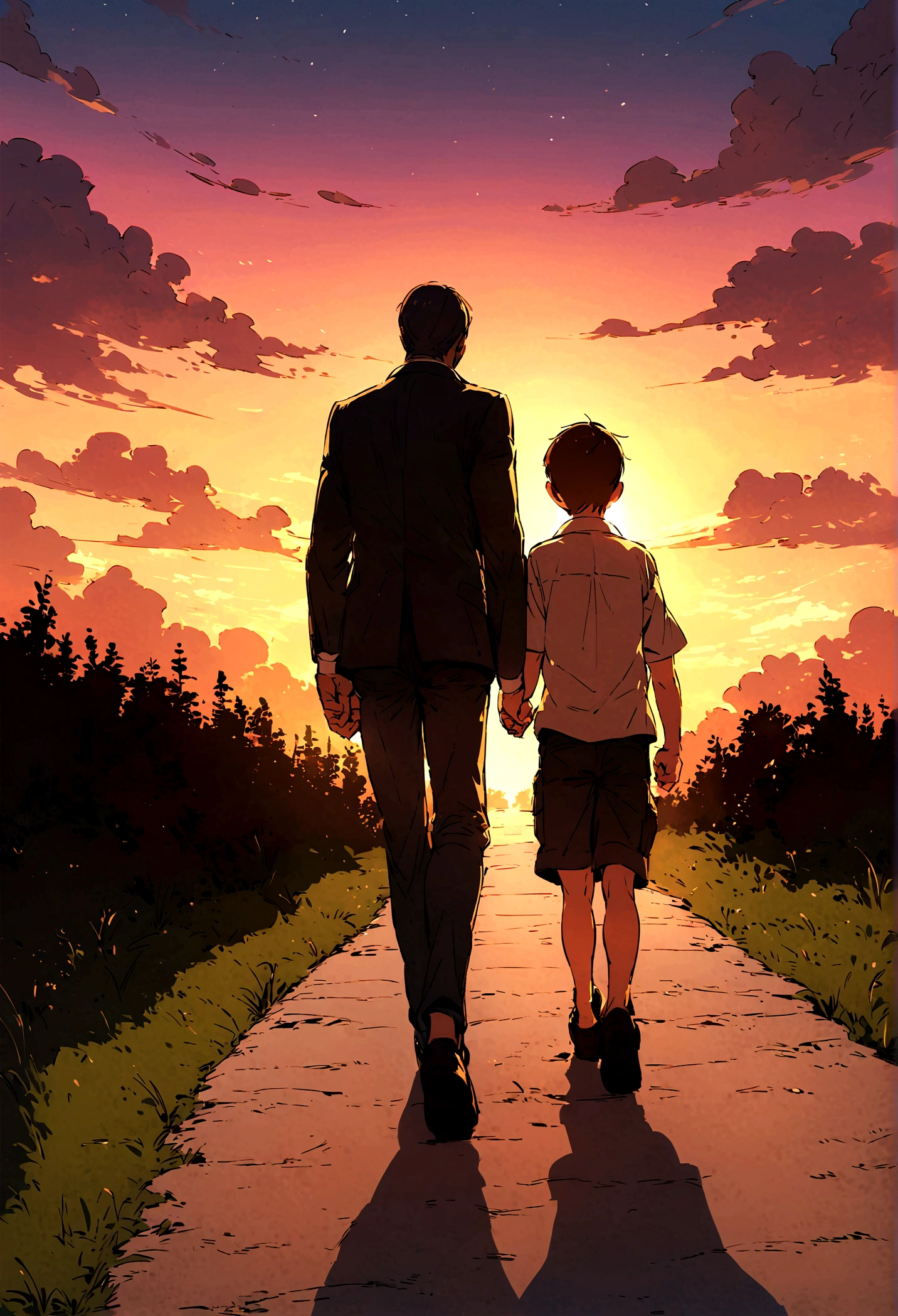 Father and son walking towards the sunset, Father's Day