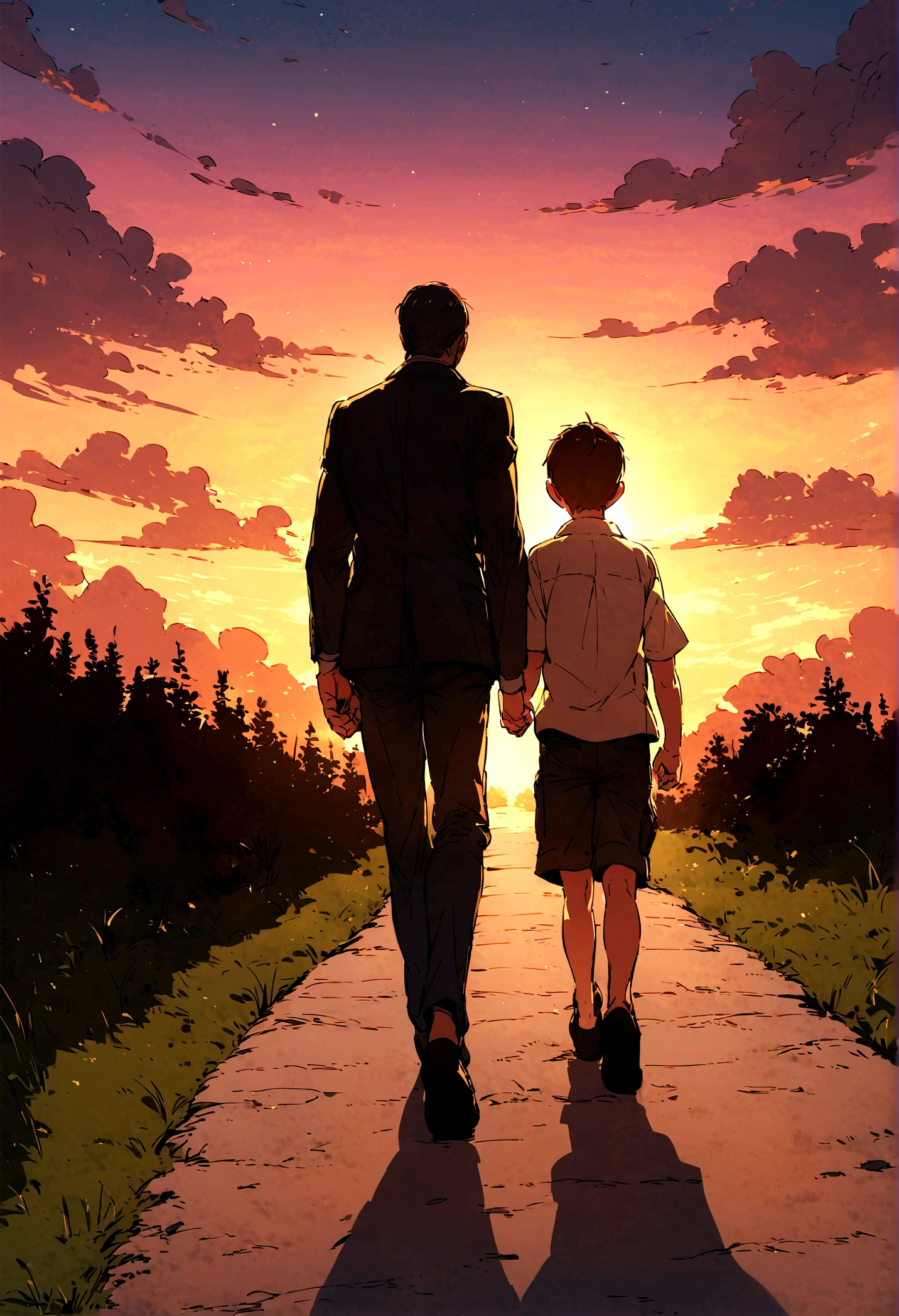 Father and son walking towards the sunset, Father's Day