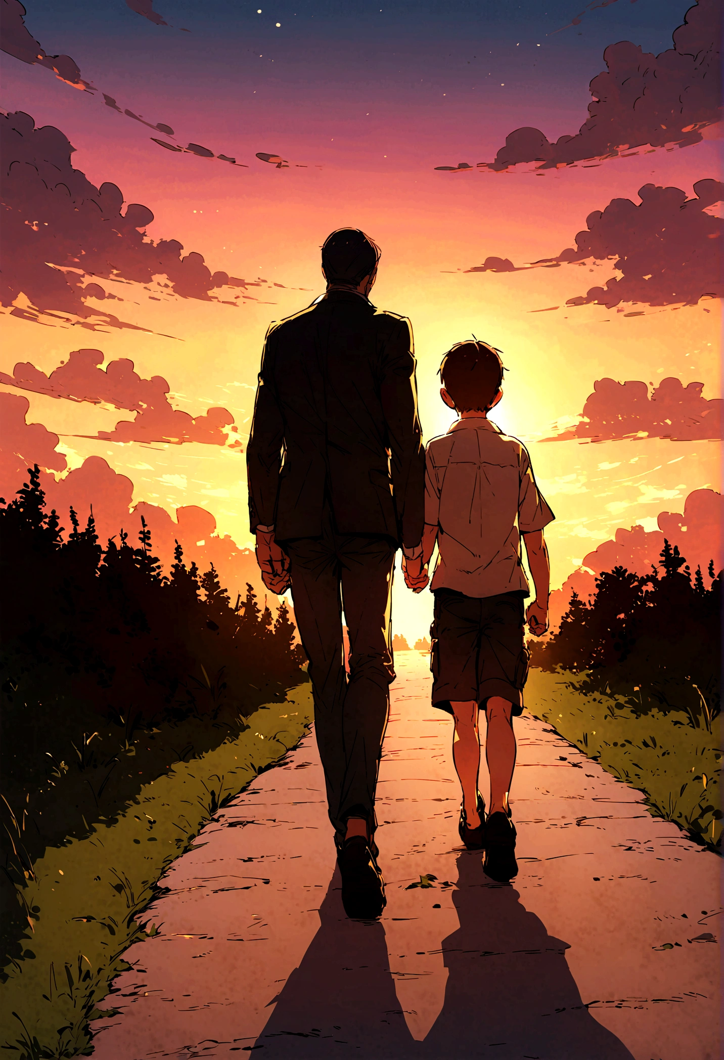 Father and son walking towards the sunset, Father's Day