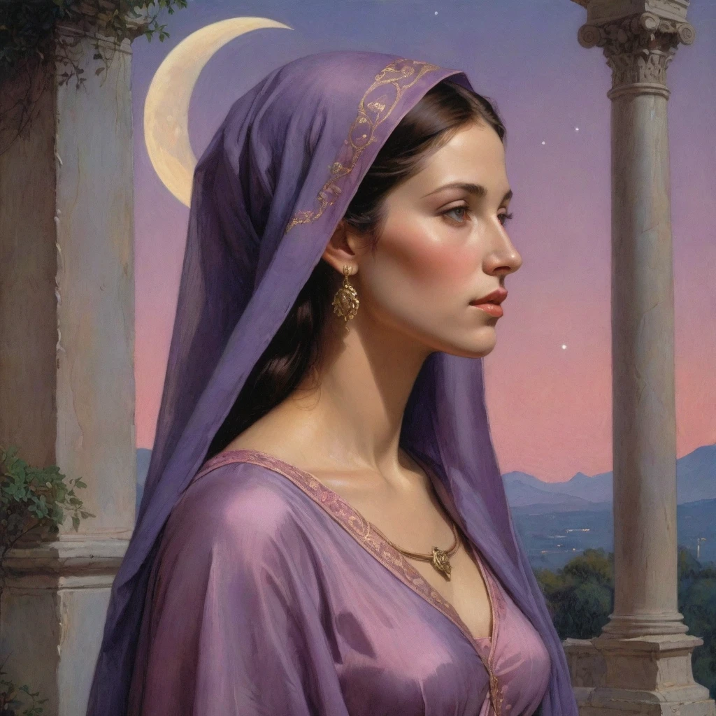 Masterpiece, (realistic), (propaganda poster), ((Moebius Jean Giraud)), ((((haughty upright profile portrait of a veiled Roman woman, young, priestess, sensual, imposing, dignified, proud, arrogant, wearing silk, purple and pink robes with detailed crescent moon, star elements, petting a cat)))), ((Corinthian columns, jungle, dusk background, moths))