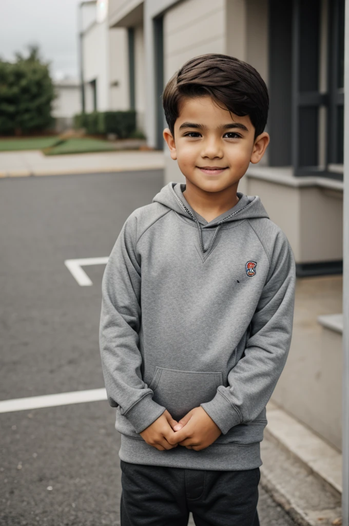 A boy in a gray sweatshirt 