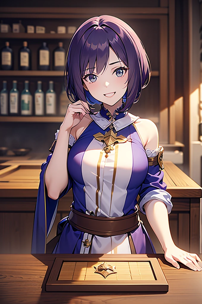 Best quality, masterpiece, (tilt: 1.4),
1 girl, yuzuriha_ (hell music), purple hair, brown eyes, ninja, open clothes, large breasts, top knot, medium hair, breast parting, seductive smile, pants, undressing, (blush:1.1), japanese appearance, temple,