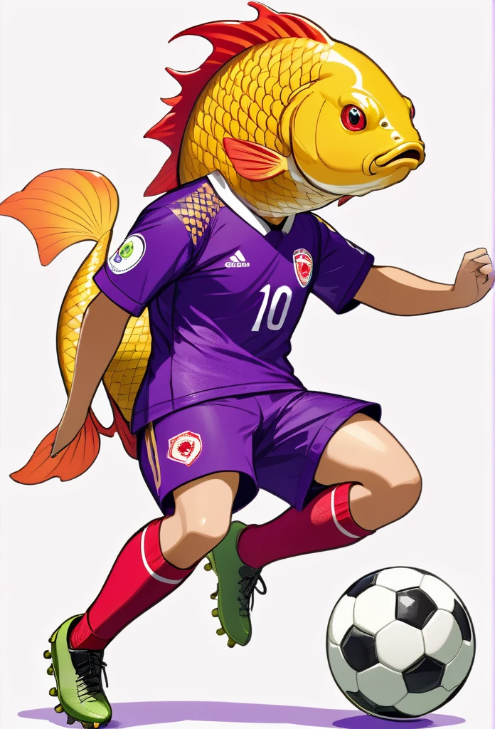 a fish carp animal soccer player, draw illustration, purple football uniform, full body, white background
