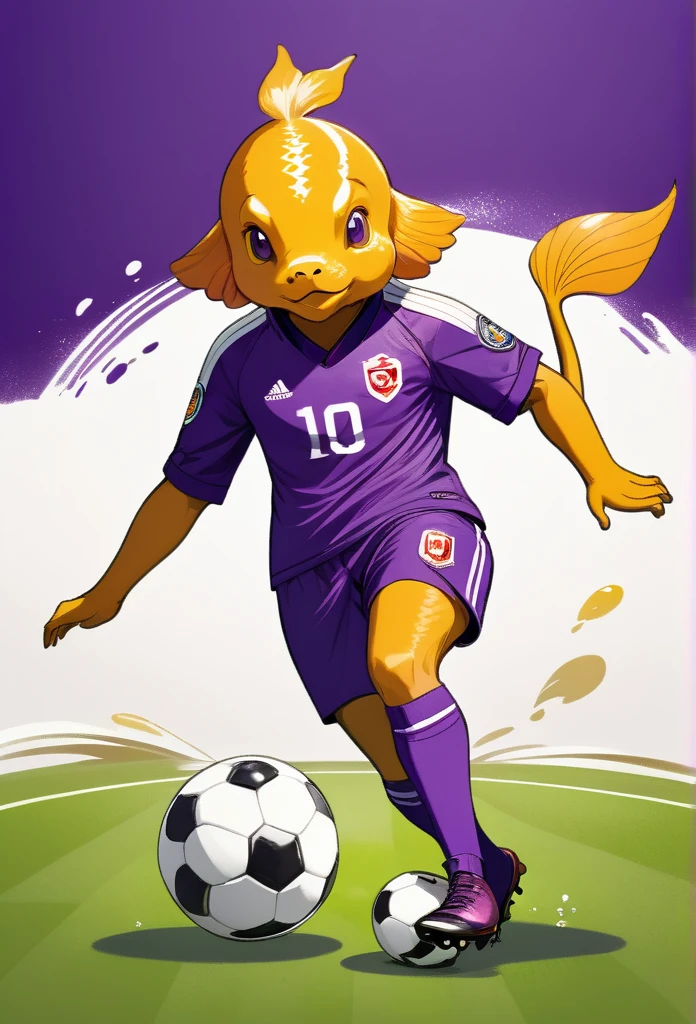 a fish carp animal soccer player, draw illustration, purple football uniform, full body, white background