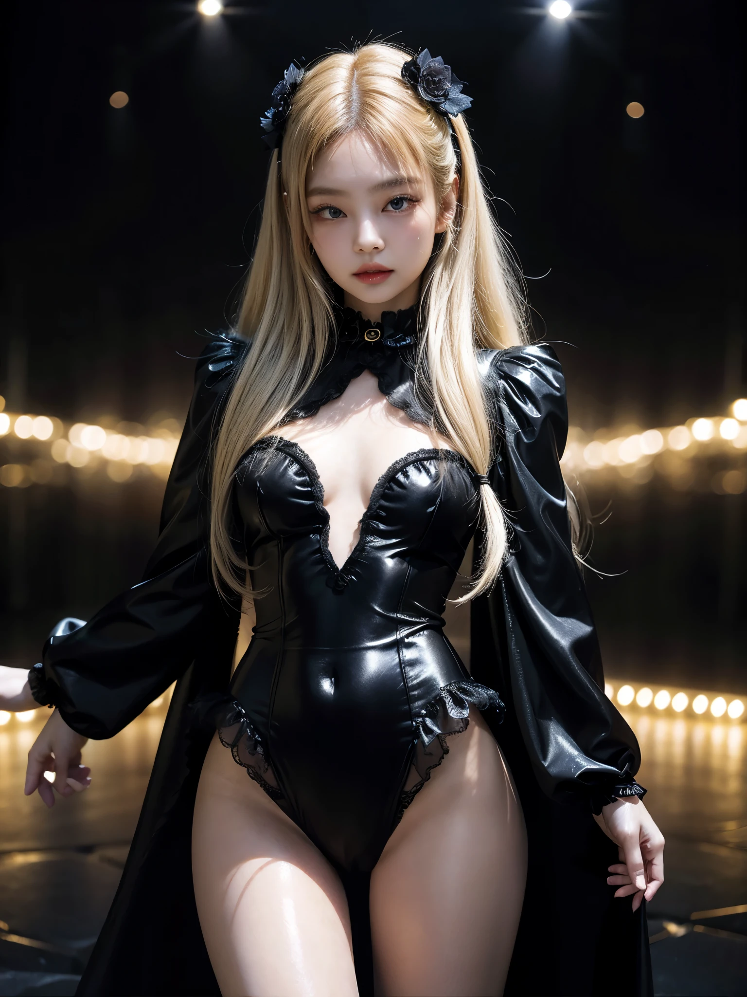 4K Ultra HD, Masterpiece, A girl with a magical aura, (good face:1.2), very Long hair, Detailed eyes, Glossy lips, Lolita costume, (black costume:1.5), The aura around the body, Magical effect, Spread white light, Cosmic elements and ethereal atmosphere, A mix of bright lights and colorful nebulae, universe background, Perfect body, white hair, blonde hair, blackpink jennie. 