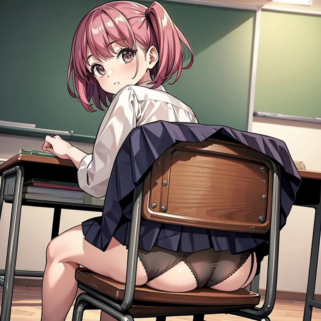 from behind, 1  girl, chair exposure, ass, skirt lift, pleated skirt, looking back, classroom,JK pantie