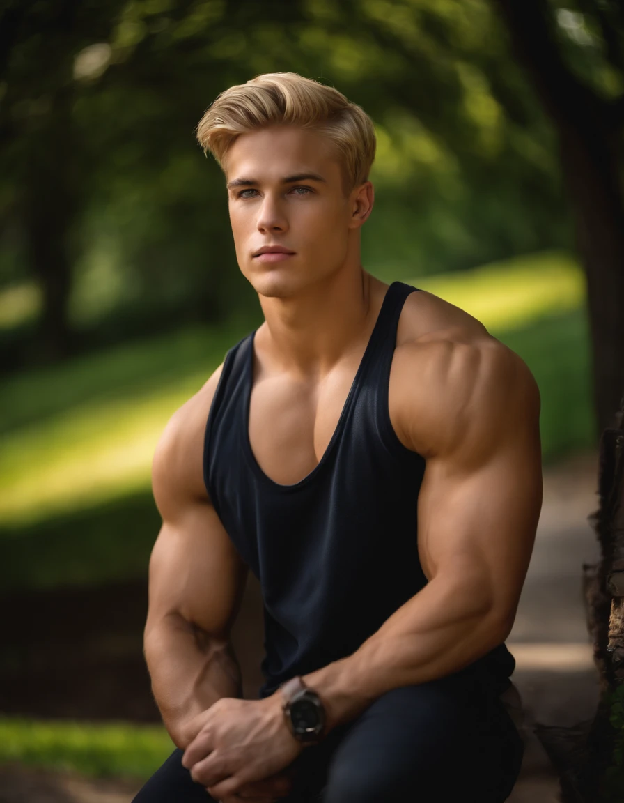A photography of a suer young guy super  muscular, blond, handsome, dumb face, in a park
