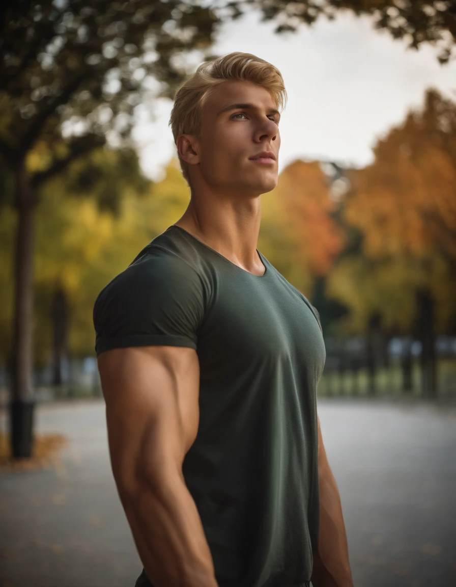 A photography of a suer young guy super muscular, blond, handsome, dumb face, in a park