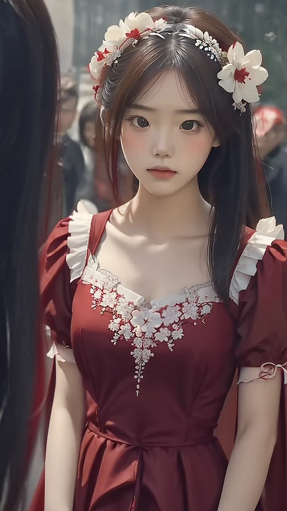 a beautiful young girl with a sad face wearing a red dress holding white flowers at a funeral, extremely detailed eyes and face, longeyelashes, detailed clothing folds, intricate floral details, dramatic lighting, muted color palette, melancholy atmosphere, photorealistic, 4k, high quality, cinematic composition