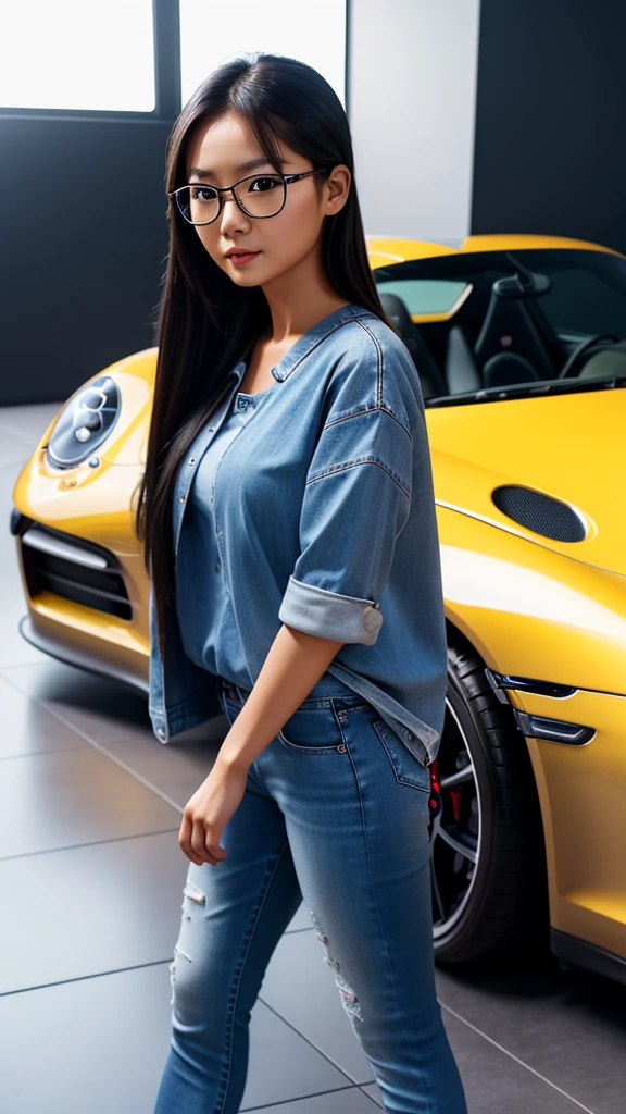 realistic high quality photo of a cute tan Chinese girl wearing glasses, tight jeans, standing next to a Porsche 911 sports car, beautiful detailed eyes, beautiful detailed lips, extremely detailed face, long eyelashes, photorealistic, 8k, ultra-detailed, physically-based rendering, vivid colors, studio lighting, professional photography