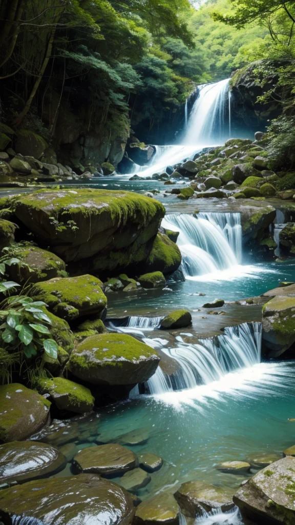 Fantastic landscape、The waterfall flows violently、Nine fish were swimming upstream.。.