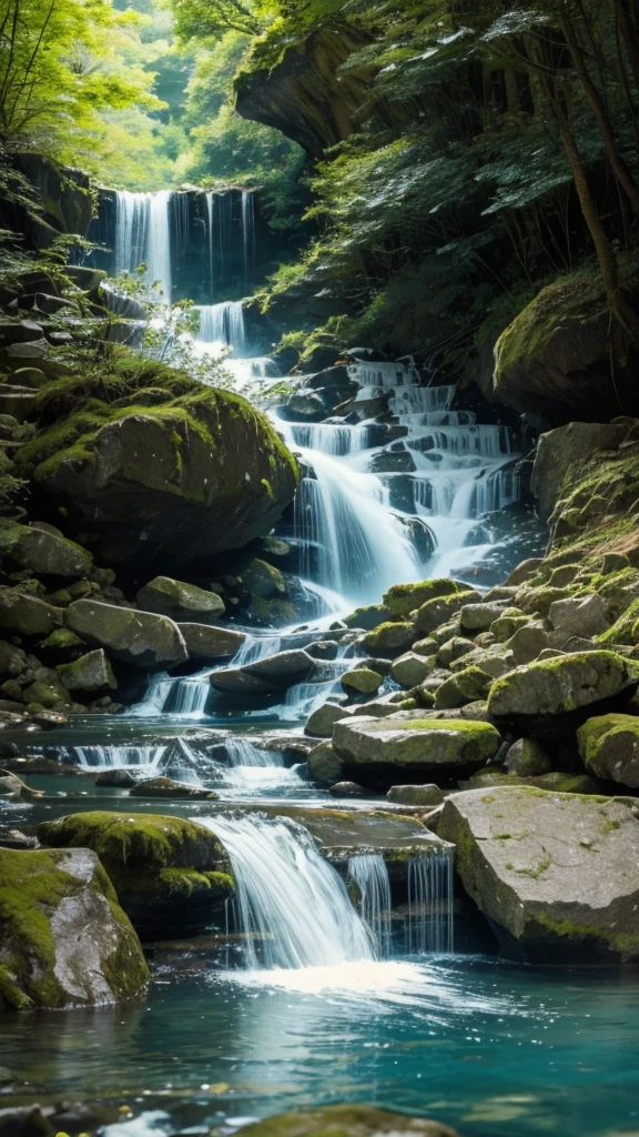 Fantastic landscape、The waterfall flows violently、Nine fish were swimming upstream.。.