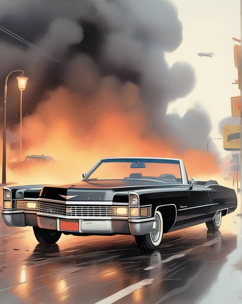 children's picture books,crayon paintings,blush. 1968 black cadillac, explosion in background, rain, old man fat is driving with his wife , black car,, black car,, black car,, black car,, black car,, black car,, black car,