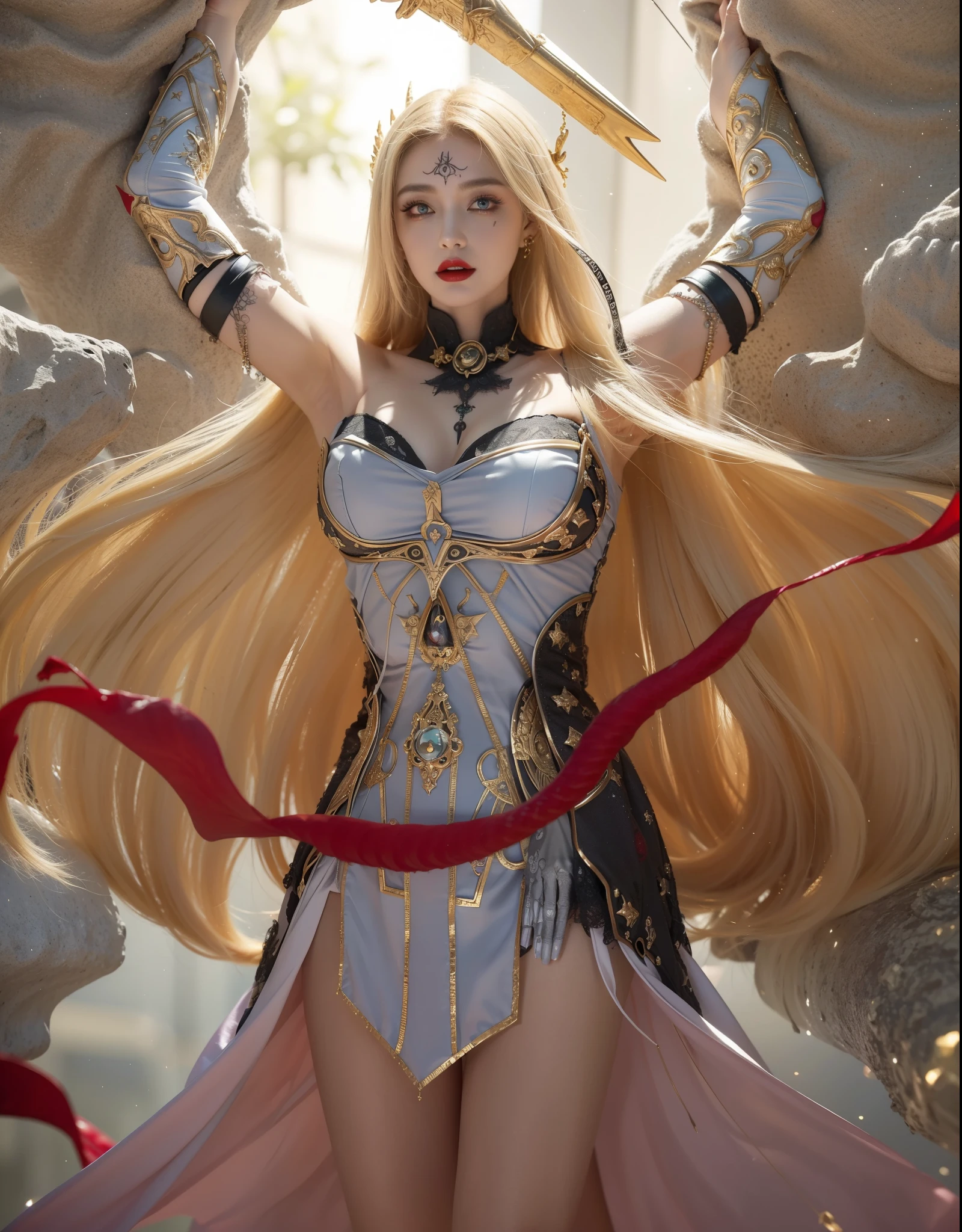 Beautiful dance dynamics, Long legs , ((Flowing long hair))Official Art , Unity8k Wallpaper , pond, Extremely detailed , Visible cleavage, Pretty and beautiful , 性感Long legs, masterpiece , best quality ,Practical, Very detailed illustrations ,Extremely detailed , Intricate details , Extremely complex and detailed , Very detailed 8KCG wallpaper , Caustics .reflection , Ray Tracing , Devil theme ,nebula ,Dark aura, Network Effects , (1 girl)solitary , (Blue plasma flame , Pastel tones in Rococo style ,Light white and light dark red , Incredibly beautiful , Cherry blossoms , Surrealism ,painting , Ethereal , Mixing reality and fantasy elements ,Ray Tracing , Complex Mode , Exquisite lines , Perfect your hands, Starry Sky , Colorful , Star