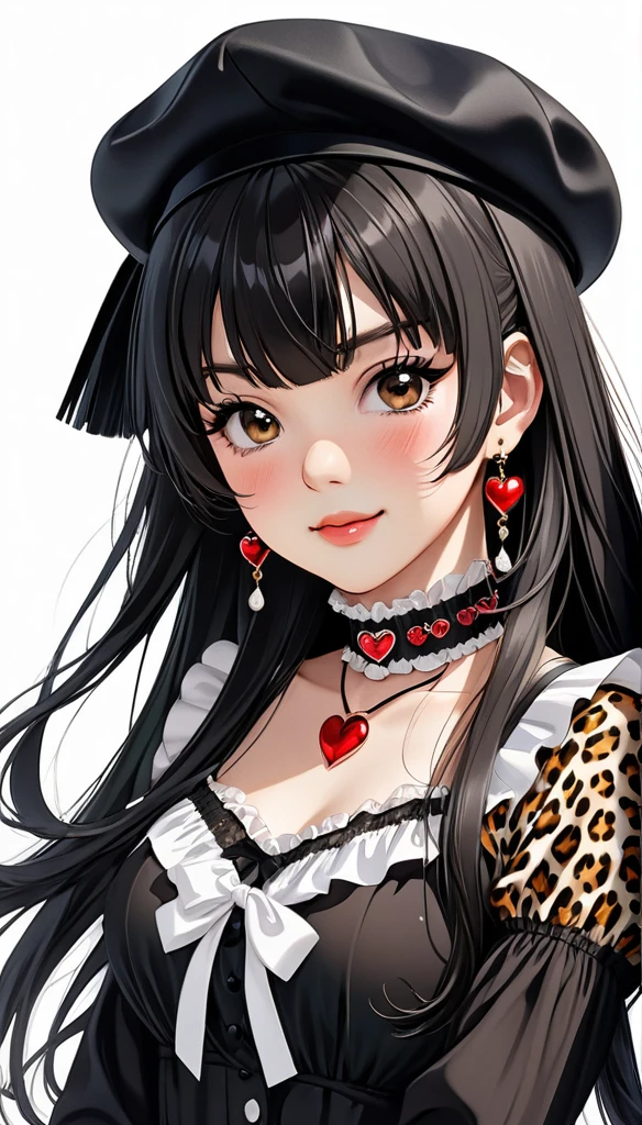 Mayuzumi Fuyuko, 1 girl, standing alone, Bblack hair, ha, jewerly, long hair, gazing at viewer, bangss, aretes, overskirt, White background, ssmile, chemise, simple background, heart aretes, long sleeves, heart, black hat, black chemise, frilled choker, breastsout, eyes browns, choker, blunt bangss, trunk, beret, medium breastsout, brown overskirt, volantes, glaze, cinta, red nails, cloused mouth, animal print, blush, mangas com volantes, leopard print, neck cinta, own hands together