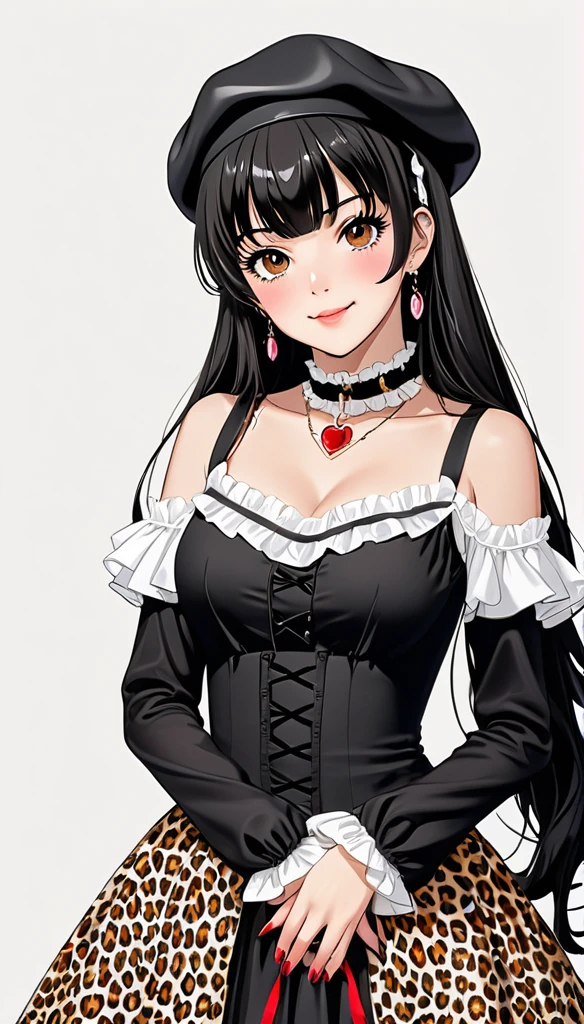 Mayuzumi Fuyuko, 1 girl, standing alone, Bblack hair, ha, jewerly, long hair, gazing at viewer, bangss, aretes, overskirt, White background, ssmile, chemise, simple background, heart aretes, long sleeves, heart, black hat, black chemise, frilled choker, breastsout, eyes browns, choker, blunt bangss, trunk, beret, medium breastsout, brown overskirt, volantes, glaze, cinta, red nails, cloused mouth, animal print, blush, mangas com volantes, leopard print, neck cinta, own hands together