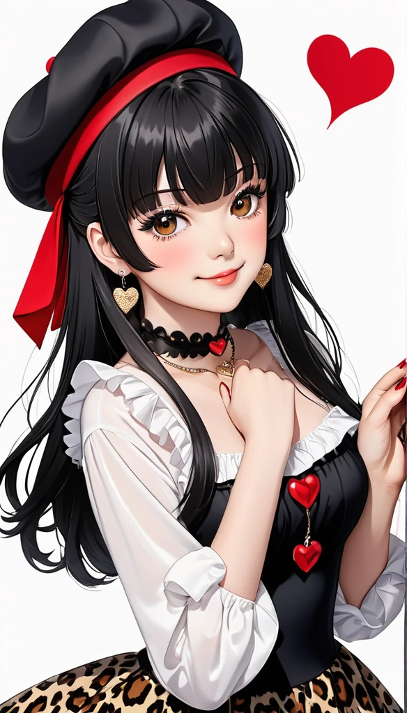 Mayuzumi Fuyuko, 1 girl, standing alone, Bblack hair, ha, jewerly, long hair, gazing at viewer, bangss, aretes, overskirt, White background, ssmile, chemise, simple background, heart aretes, long sleeves, heart, black hat, black chemise, frilled choker, breastsout, eyes browns, choker, blunt bangss, trunk, beret, medium breastsout, brown overskirt, volantes, glaze, cinta, red nails, cloused mouth, animal print, blush, mangas com volantes, leopard print, neck cinta, own hands together