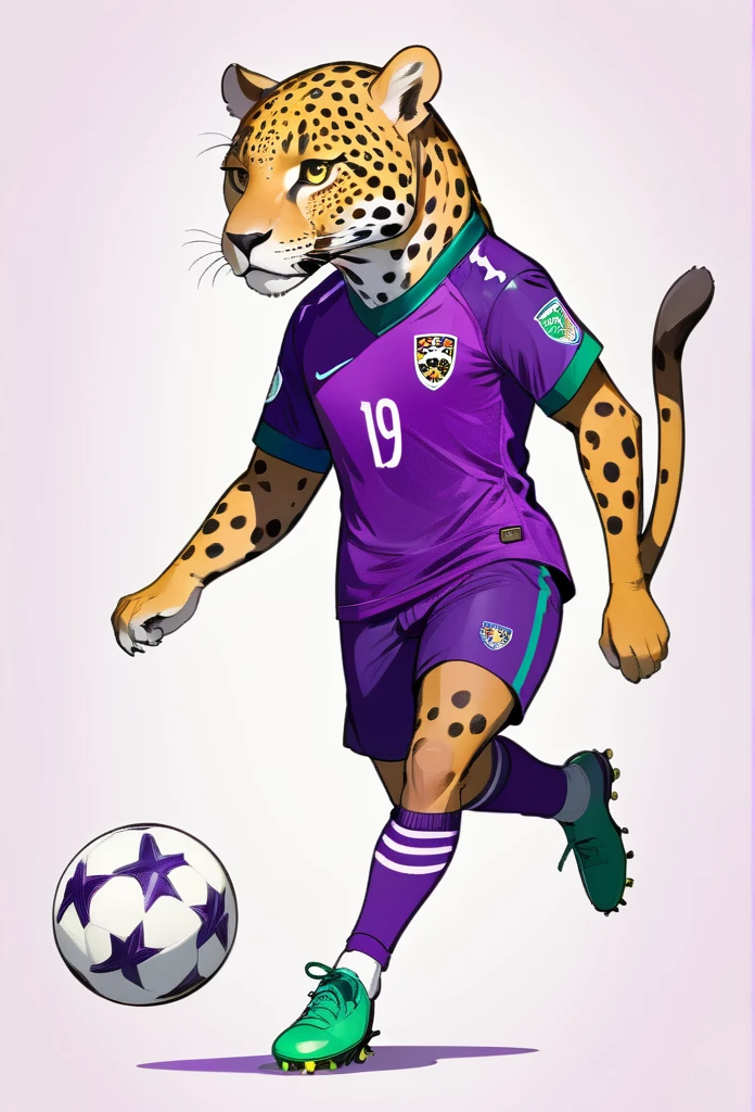 a soccer player jaguar animal panthera onca, draw illustration, purple football uniform, full body, white background