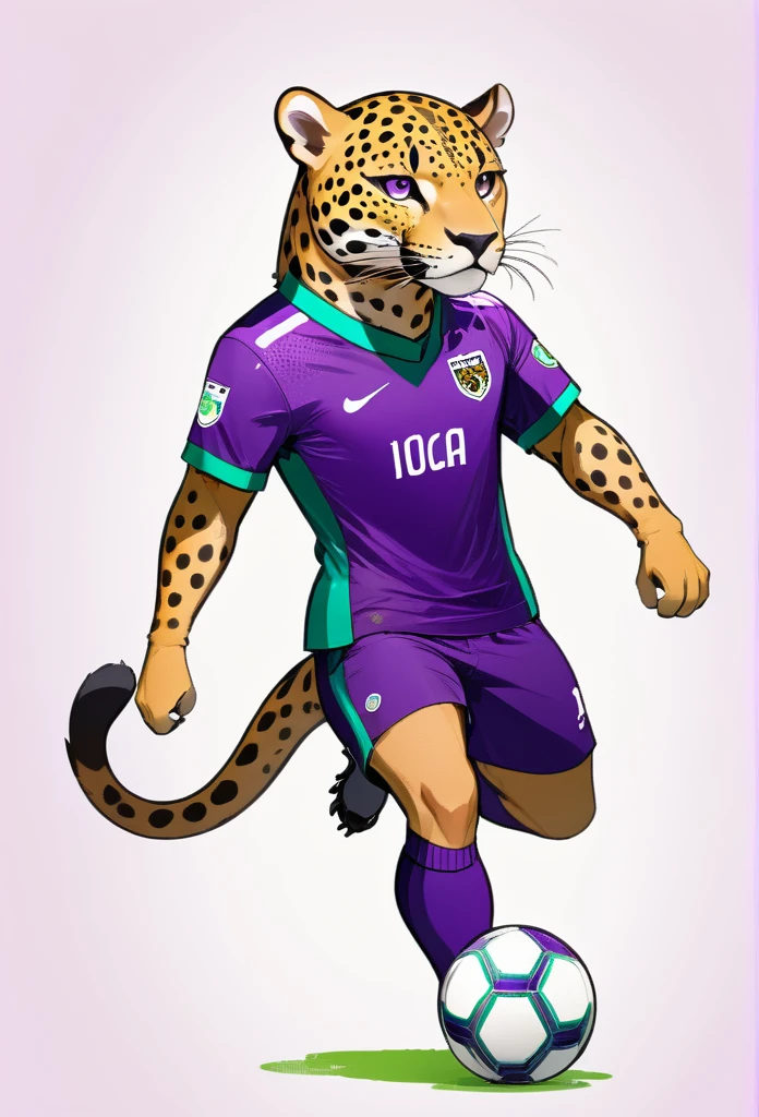 a soccer player jaguar animal panthera onca, draw illustration, purple football uniform, full body, white background