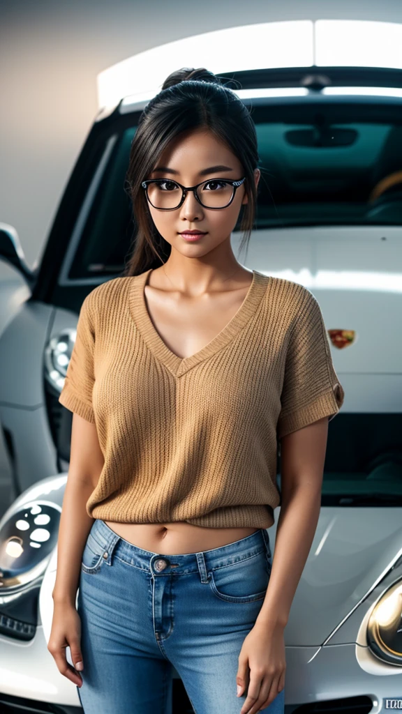 a cute tan Chinese girl wearing glasses, tight jeans, standing next to a Porsche 911 sports car, beautiful detailed eyes, beautiful detailed lips, extremely detailed face, long eyelashes, photorealistic, 8k, ultra-detailed, physically-based rendering, vivid colors, studio lighting, professional photography