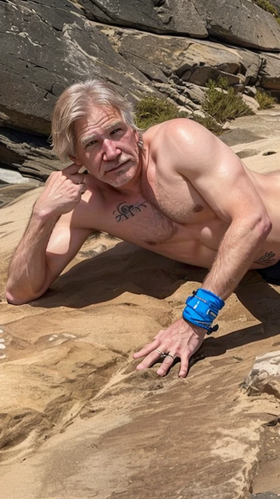 there is a man lying on a rock with his arm across his chest, 4 5 them, Biden shirtless and with tattoos, 5 5 them, leaked photo, taken at the beginning of 2020, 45 years old men, Donald Trump on the beach, myself, Harrison Ford, an artistic pose, Harrison Ford from indiana jone
