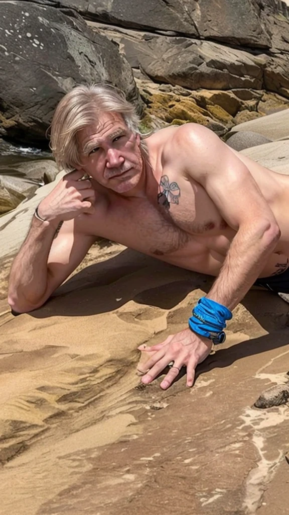 there is a man lying on a rock with his arm across his chest, 4 5 them, Biden shirtless and with tattoos, 5 5 them, leaked photo, taken at the beginning of 2020, 45 years old men, Donald Trump on the beach, myself, Harrison Ford, an artistic pose, Harrison Ford from indiana jone