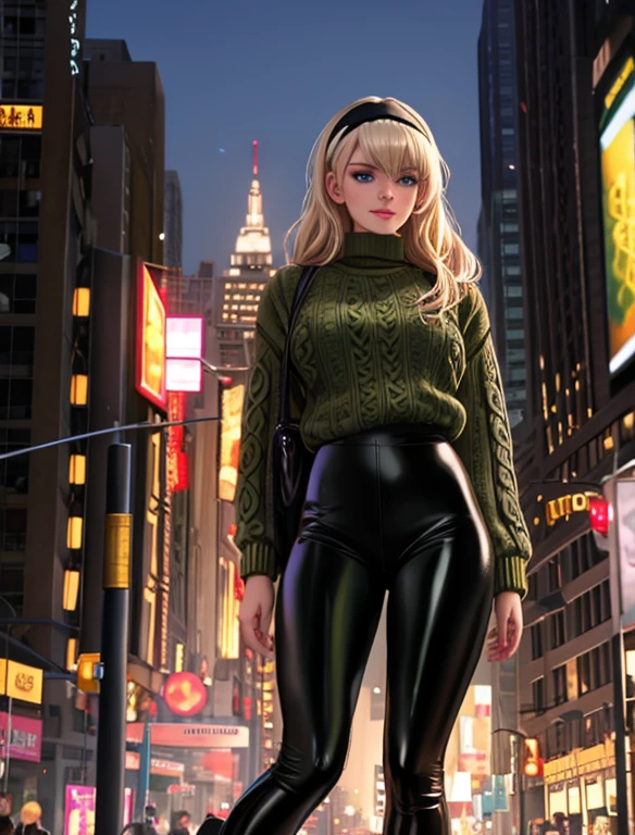 (masterpiece,best quality,absurdres,beautiful,aesthetic,detailed), (Detailed face:1.2), (Detailed eyes:1.2), 1girl, solo, (Gwen Stacy:1.1), platinum blonde hair, bright blue eyes, ((Wearing: Black headband, olive green sweater, shiny black leggings, Ugg Boots)), looking at viewer with a snarky grin, standing outside on New York streets, crowds of people on the surroundings, busy atmosphere, cinematic lighting, detailed background,
