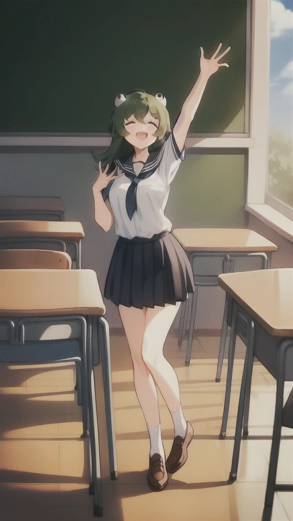 (1alraunegirl ,20s,mature female,adult),happy,white shirt,short sleeves,black standard tie,black school skirt,green hair,long hair,(classroom),full body,frog girl,all four,