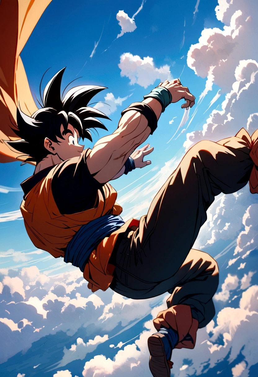 Goku flying,among the clouds on a beautiful sunny day