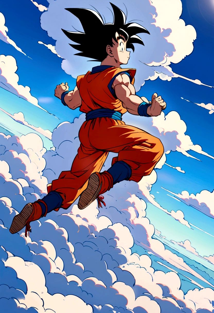 Goku flying,among the clouds on a beautiful sunny day