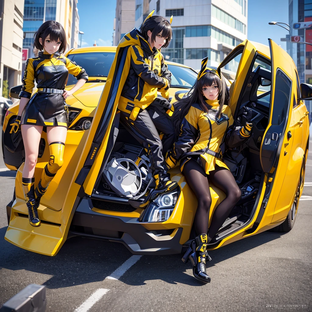(Ultra hd), (full hd 8k regulations), (masterpiece), transformer ( bumblebee) with anime Girl suits like bumblebee, advance car, bumblebee transformation car and girl riding motorcycle with bumblebee anime, illustration, 3d rendering, photo, ceramics
