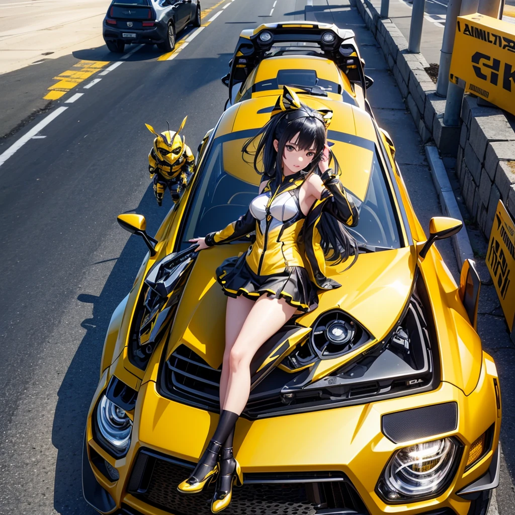 (Ultra hd), (full hd 8k regulations), (masterpiece), transformer ( bumblebee) with anime Girl suits like bumblebee,  advance car, bumblebee transformation car and girl riding motorcycle with bumblebee anime, illustration, 3d rendering, photo, ceramics 