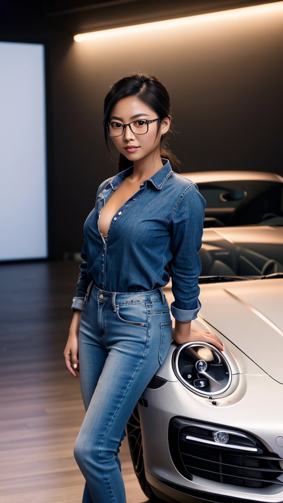 a cute tan Chinese girl wearing glasses, tight jeans, standing next to a Porsche 911 sports car, beautiful detailed eyes, beautiful detailed lips, extremely detailed face, long eyelashes, photorealistic, 8k, ultra-detailed, physically-based rendering, vivid colors, studio lighting, professional photography