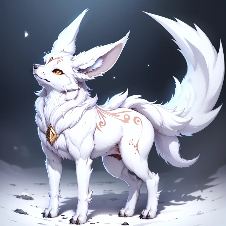 (1 wolf) full body, a four ears white carbuncle with a gem in the forehead, feathers white wings, white background
