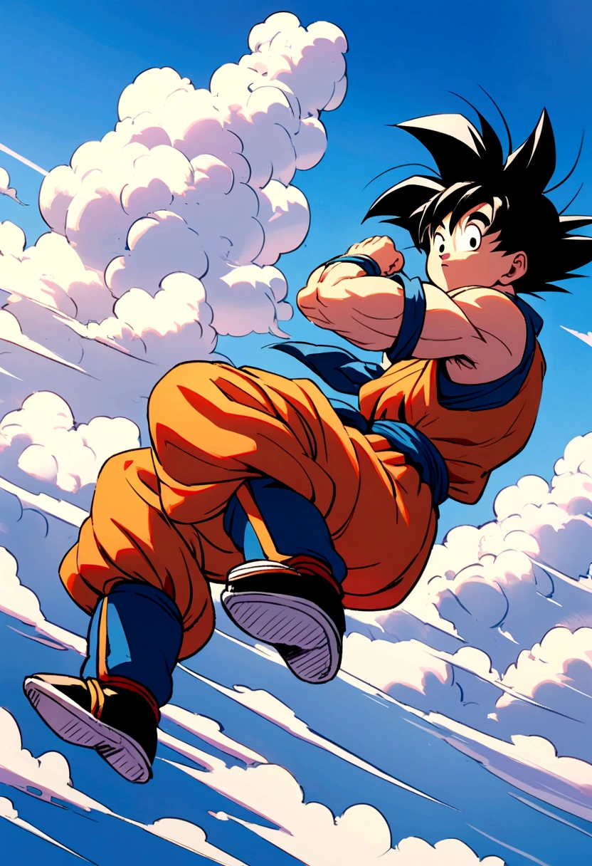 Goku flying,among the clouds on a beautiful sunny day