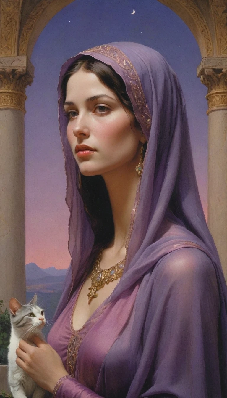 Masterpiece, (realistic), (propaganda poster), ((Moebius Jean Giraud)), ((((haughty upright profile portrait of a veiled Roman woman, young, priestess, sensual, imposing, dignified, proud, arrogant, wearing silk, purple and pink robes with detailed crescent moon, star elements, petting a cat)))), ((Corinthian columns, jungle, dusk background, moths))