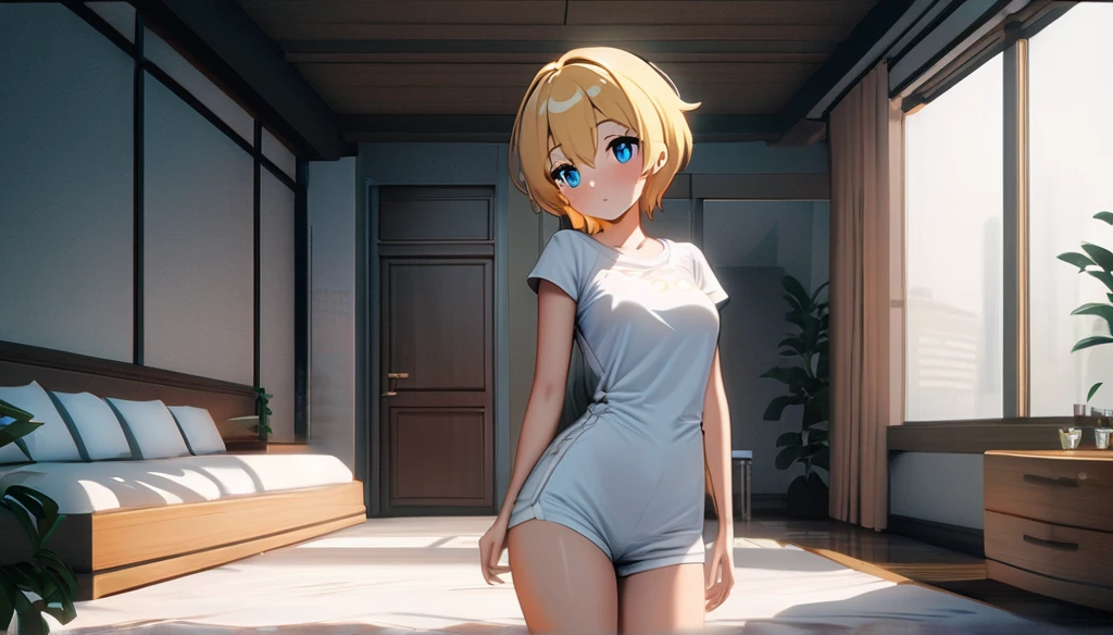 name zoe. 20 year old ager, beautiful angelic face. Red eyes. White skin color. height 1,70, sexy perfect physique, large and firm breasts, Short blonde hair. Clothes, white tank top. tight sexy red mini shorts. body detail, straight and firm posture looking towards the camera,. view from behind, back view,