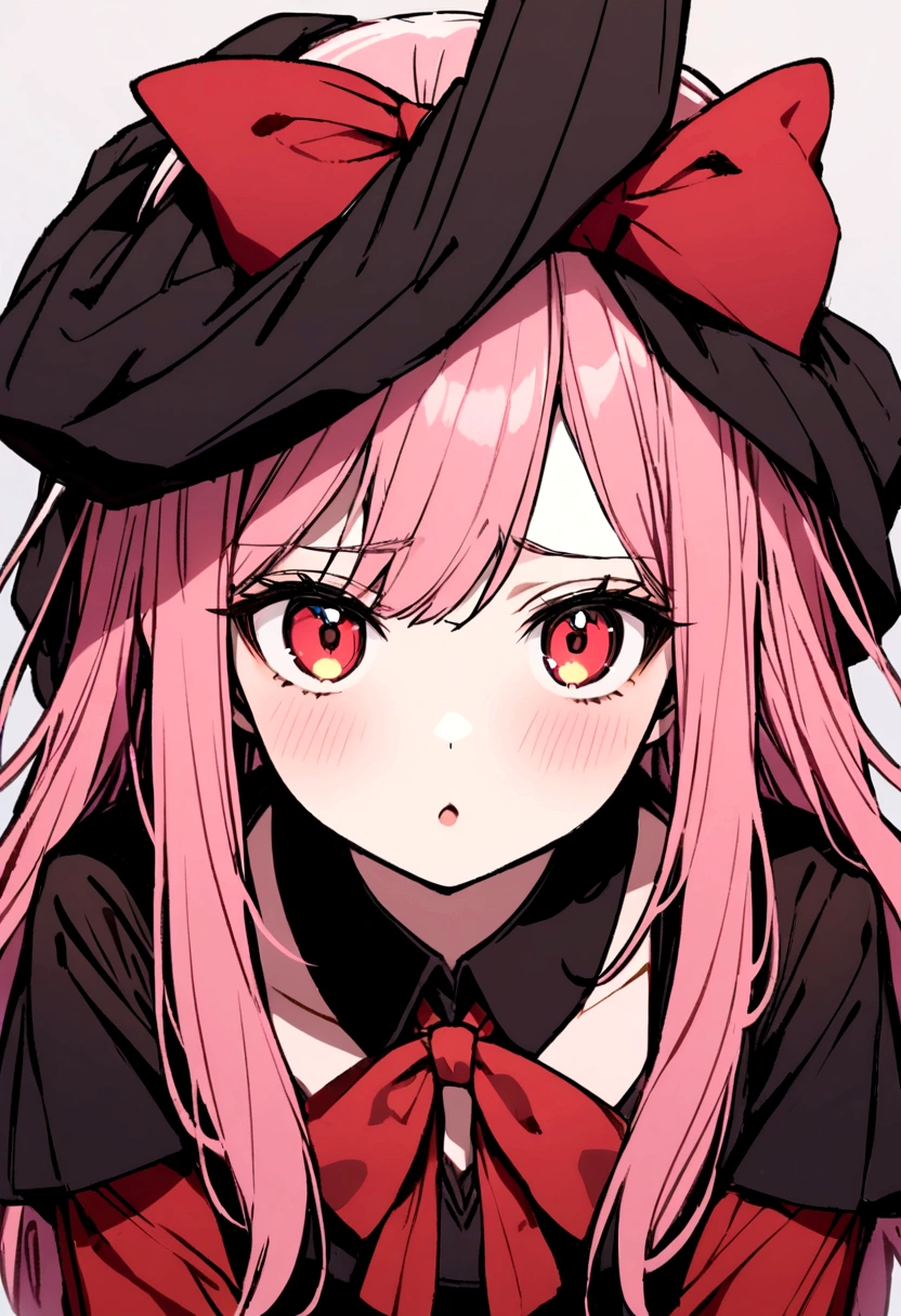 Girl with pink hair, wearing formal black clothes with red sleeves, in a black skirt, Red bow on the head