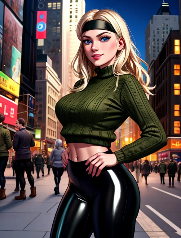 (masterpiece,best quality,absurdres,beautiful,aesthetic,detailed),cinematic angle, (Detailed face:1.2), (Detailed eyes:1.2), 1girl, solo  (Gwen Stacy:1.1), platinum blonde hair, bright blue eyes, ((Wearing: Black headband, olive green sweater, black leggings, black heels)), standing outside on New York streets, crowds of people on the surroundings, busy atmosphere, cinematic lighting, detailed background,
