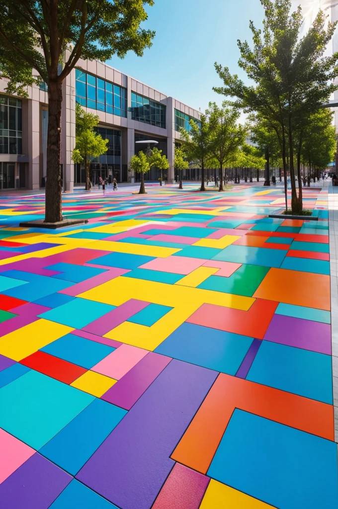 Urban plaza with cultural sculptures , colorful deosaic floor with dynamic game sites