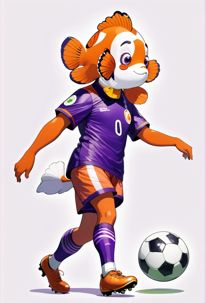a clownfish animal soccer player, draw illustration, purple football uniform, full body, white background
