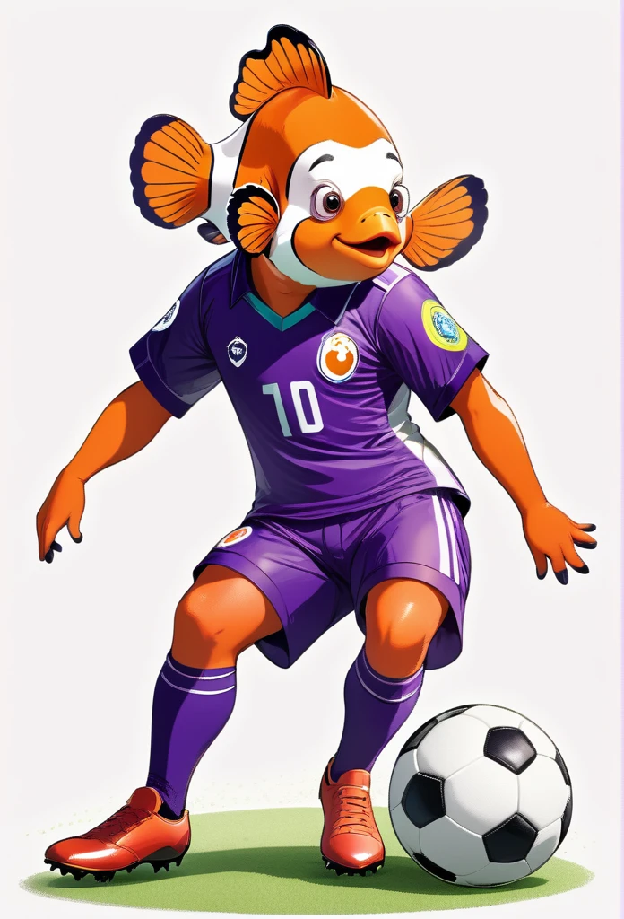 a clownfish animal soccer player, draw illustration, purple football uniform, full body, white background